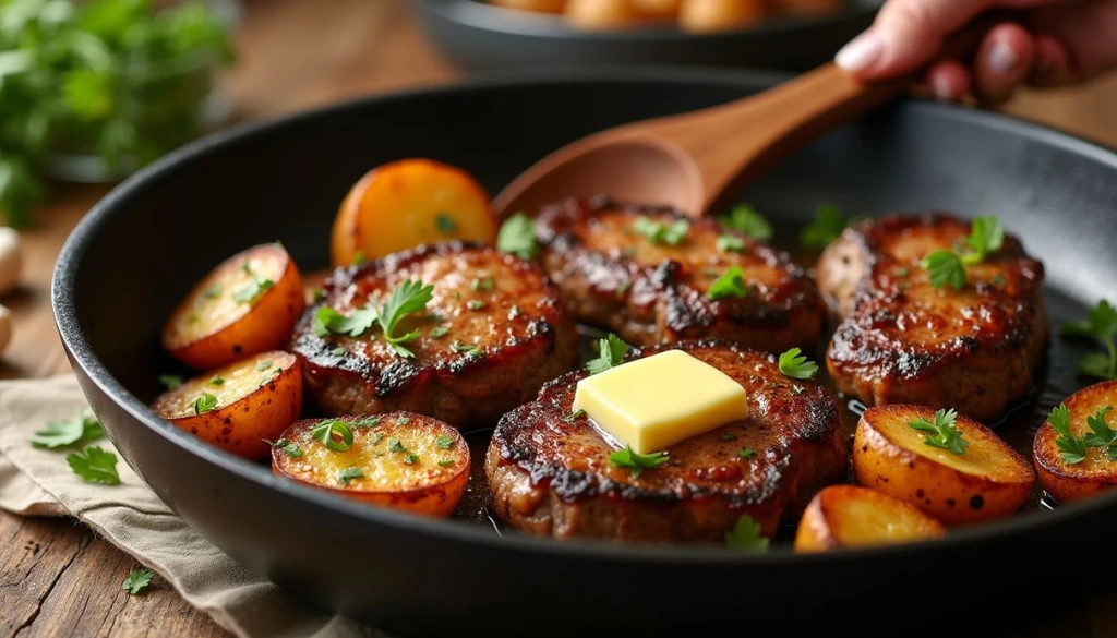 garlic butter steak bites and potatoes