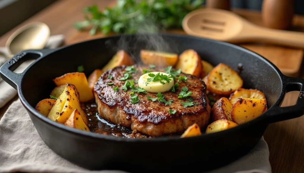 garlic butter steak bites and potatoes