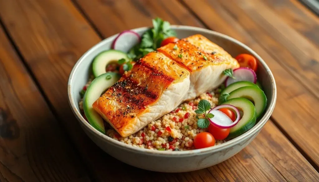 A delicious salmon bowl with grilled salmon, rice, fresh vegetables, and a drizzle of sauce, garnished with sesame seeds.