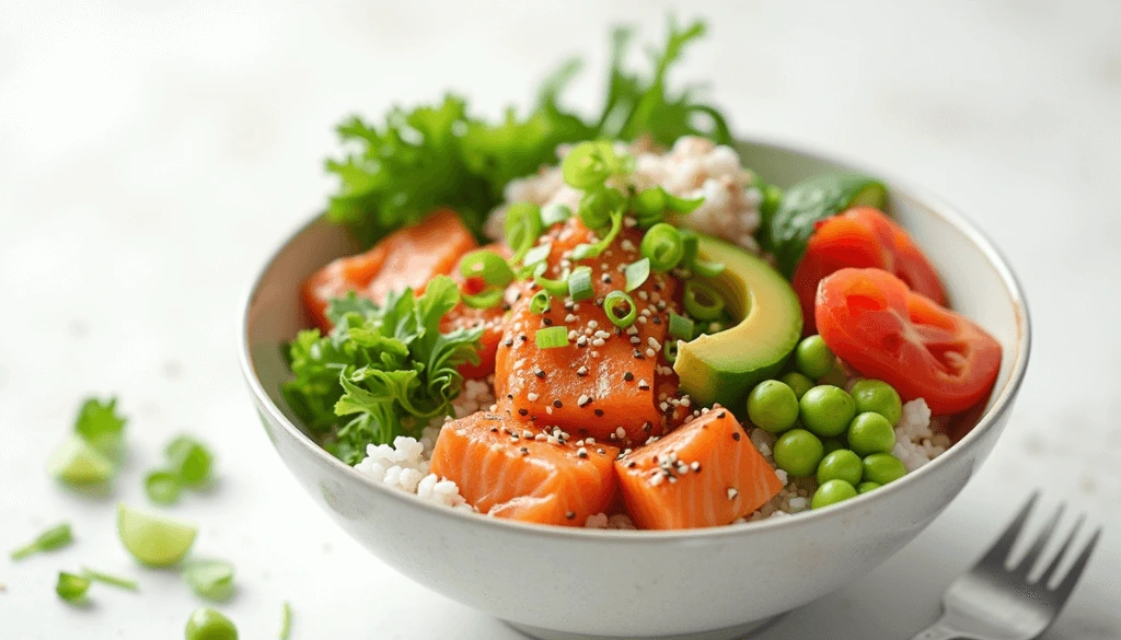 Salmon Poke Bowl is a delicious, Hawaiian-inspired dish that features fresh, raw salmon as its main protein. The salmon is typically cubed and marinated in a savory mix of soy sauce,