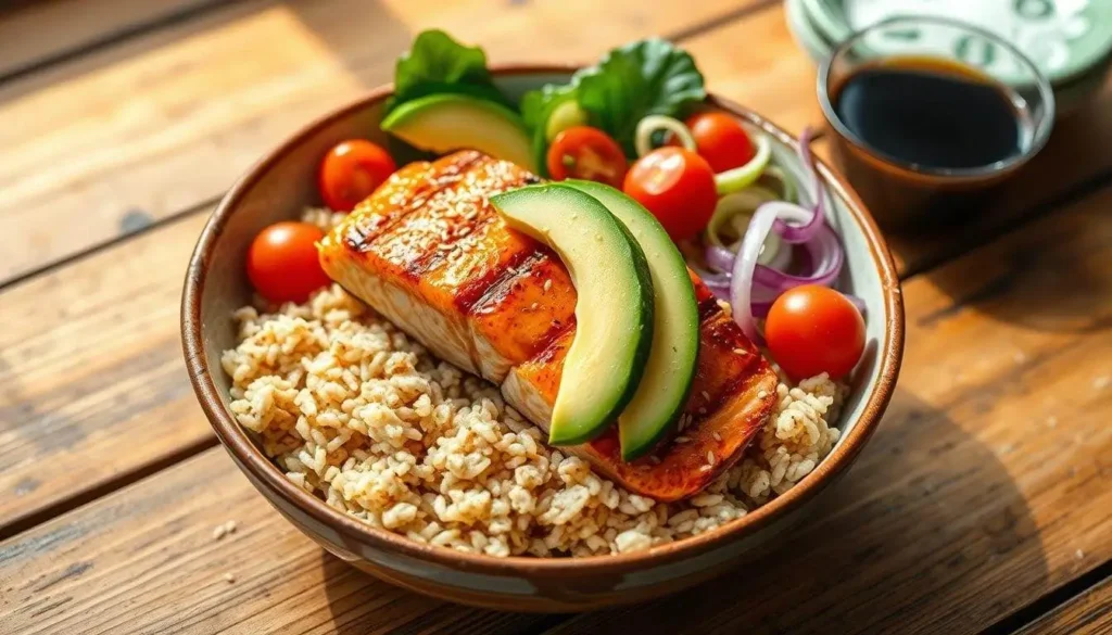 A delicious salmon bowl with grilled salmon, rice, fresh vegetables, and a drizzle of sauce, garnished with sesame seeds.