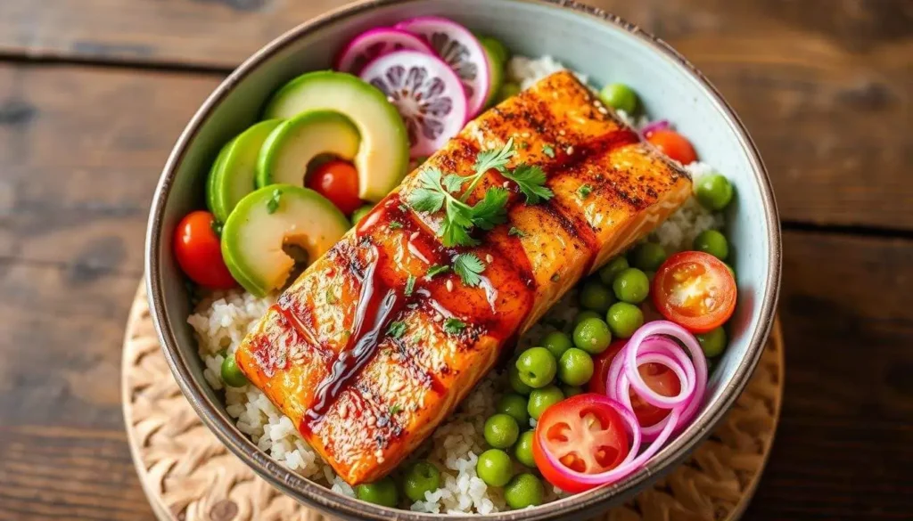 A delicious salmon bowl with grilled salmon, rice, fresh vegetables, and a drizzle of sauce, garnished with sesame seeds.