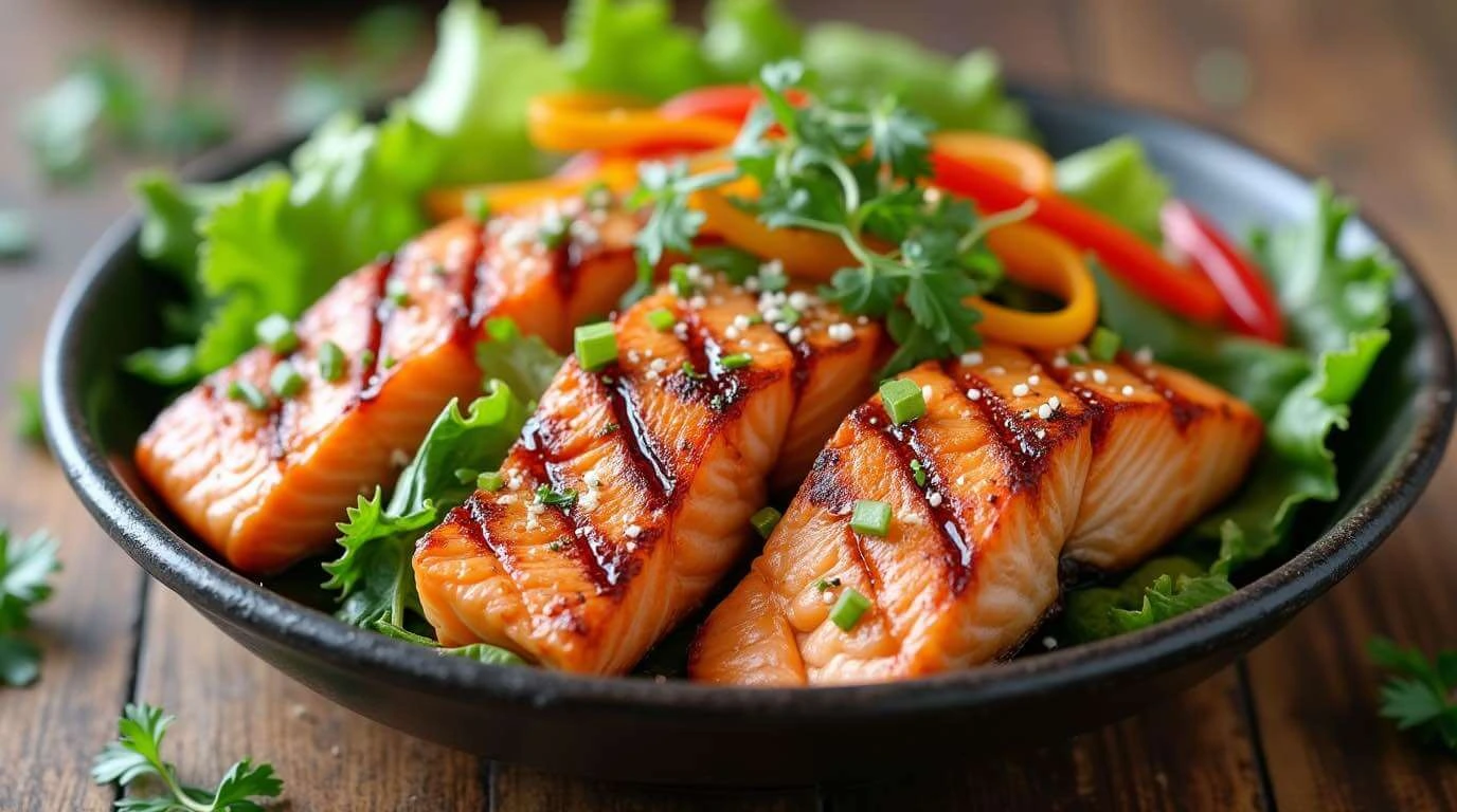 Asian Salmon Salad with fresh vegetables and grilled salmon in a tangy Asian dressing.