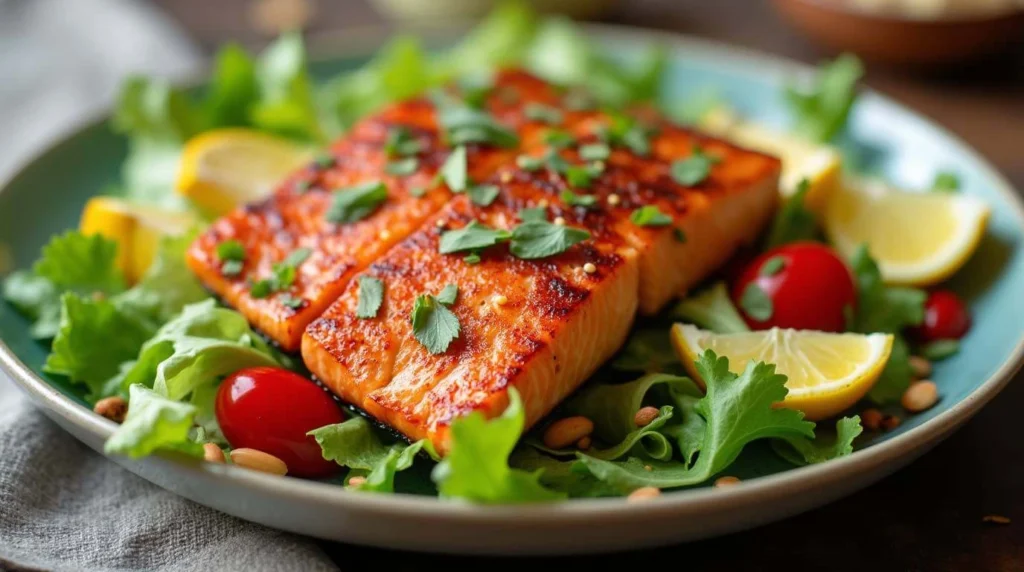 Asian Salmon Salad with fresh vegetables and grilled salmon in a tangy Asian dressing.