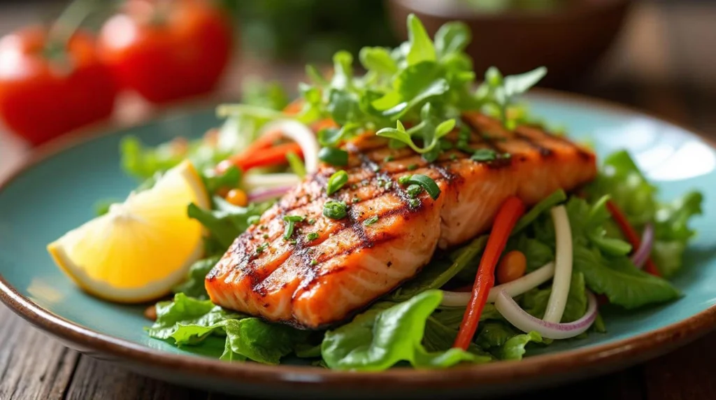 Asian Salmon Salad with fresh vegetables and grilled salmon in a tangy Asian dressing.