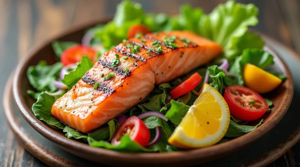 Asian Salmon Salad with fresh vegetables and grilled salmon in a tangy Asian dressing.