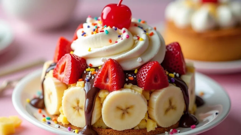 banana split cake topped with fresh bananas, whipped cream, and a drizzle of chocolate syrup