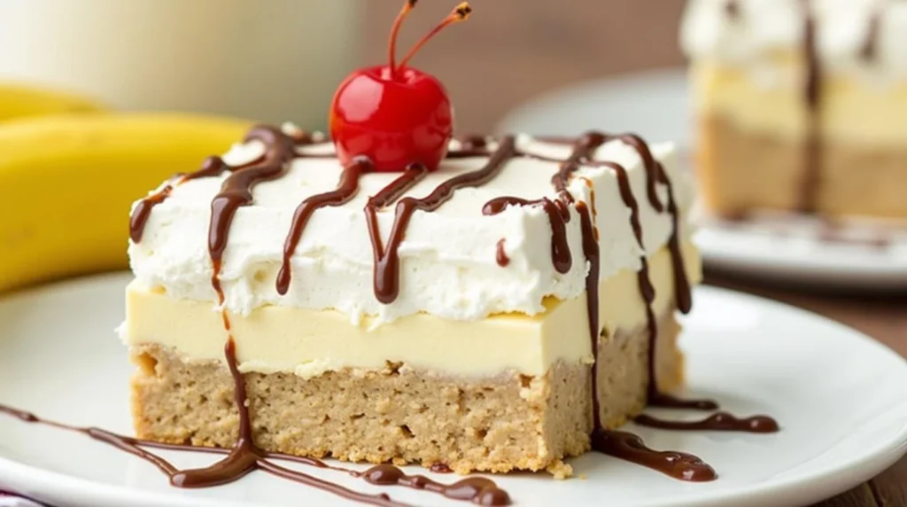 Delicious no-bake banana split cake topped with fresh bananas, whipped cream, and a drizzle of chocolate syrup