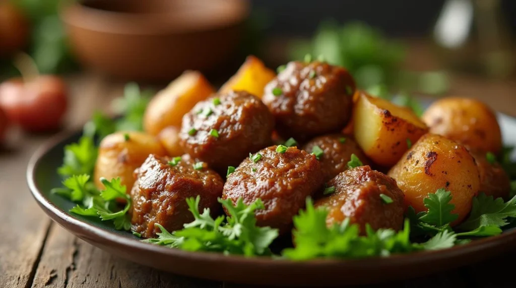 Garlic Butter Beef Bites and Potatoes, a delicious meal featuring tender beef chunks and crispy potatoes in garlic butter sauce.