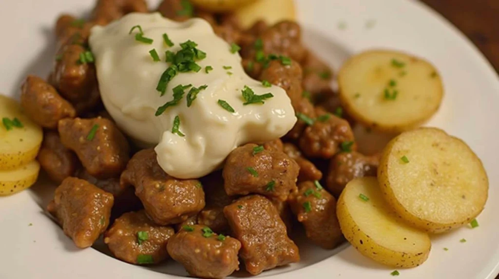 Garlic Butter Beef Bites and Potatoes, a delicious meal featuring tender beef chunks