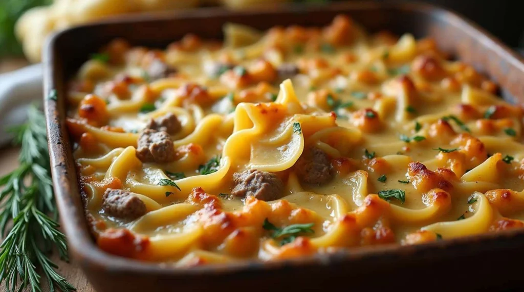 Sour Cream Beef Noodle Casserole with ground beef, noodles, and a creamy sauce.