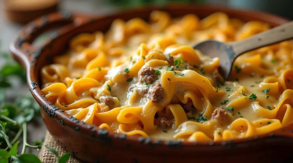 Sour Cream Beef Noodle Casserole with ground beef, noodles, and a creamy sauce.