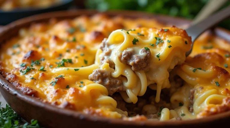 Sour Cream Beef Noodle Casserole with ground beef, noodles, and a creamy sauce.