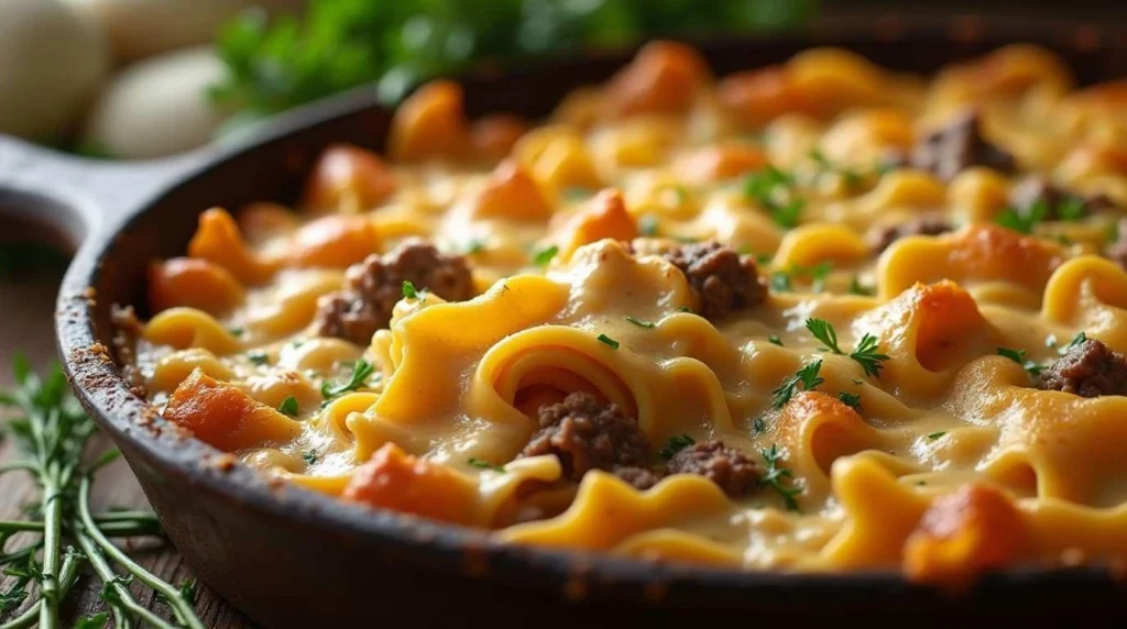 Sour Cream Beef Noodle Casserole with ground beef, noodles, and a creamy sauce.