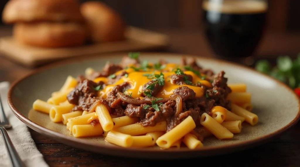 Cheese Steak Pasta served in a creamy sauce with tender beef and pasta garnished with parsley.