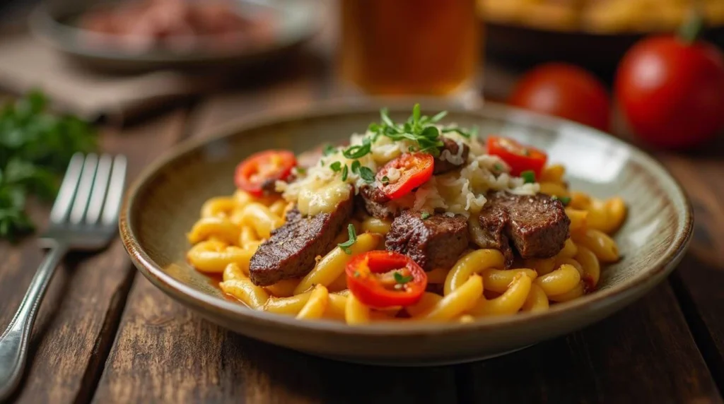 Cheese Steak Pasta served in a creamy sauce with tender beef and pasta garnished with parsley.