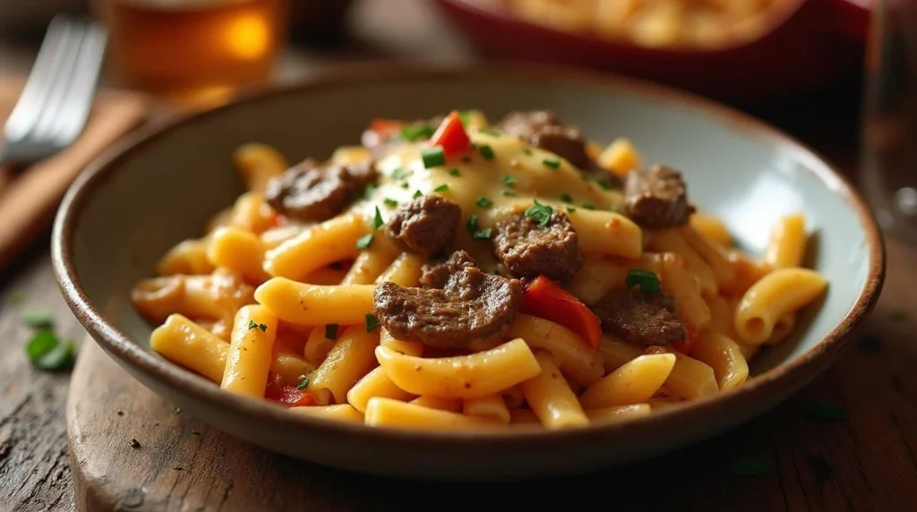 Cheese Steak Pasta served in a creamy sauce with tender beef and pasta garnished with parsley.