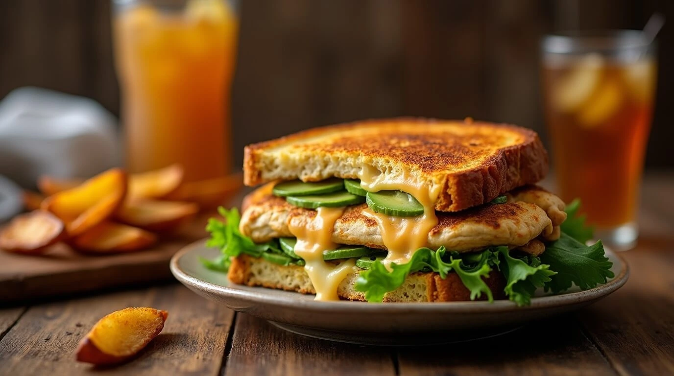 chicken avocado melt sandwich with melted cheese, sliced avocado, and fresh greens on toasted bread