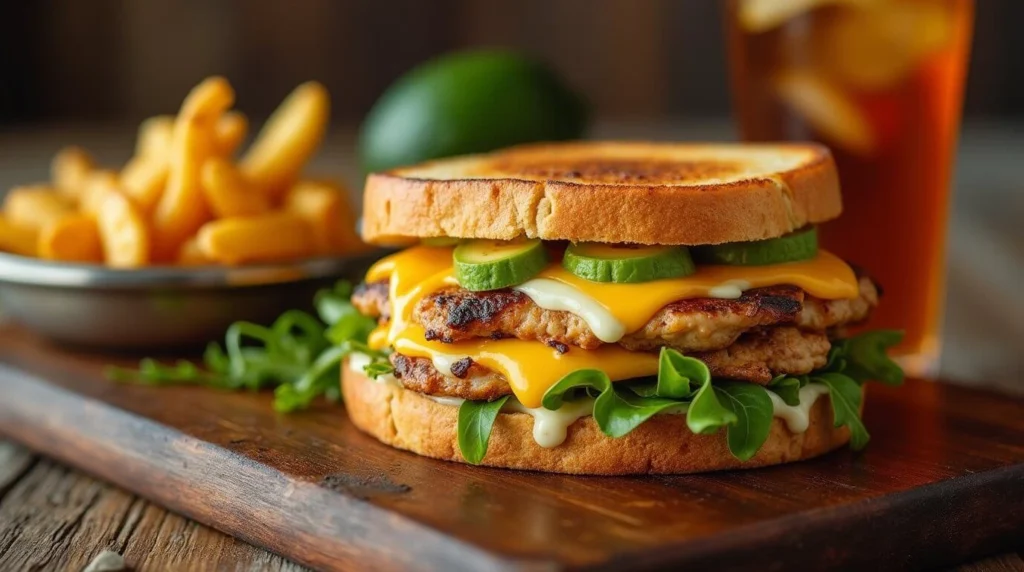 chicken avocado melt sandwich with melted cheese, sliced avocado, and fresh greens on toasted bread