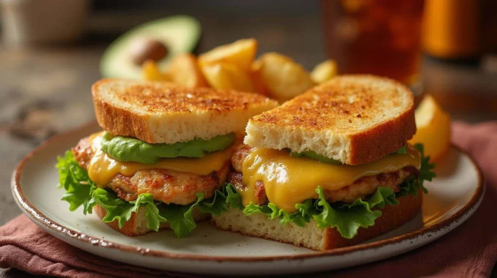 chicken avocado melt sandwich with melted cheese, sliced avocado, and fresh greens on toasted bread