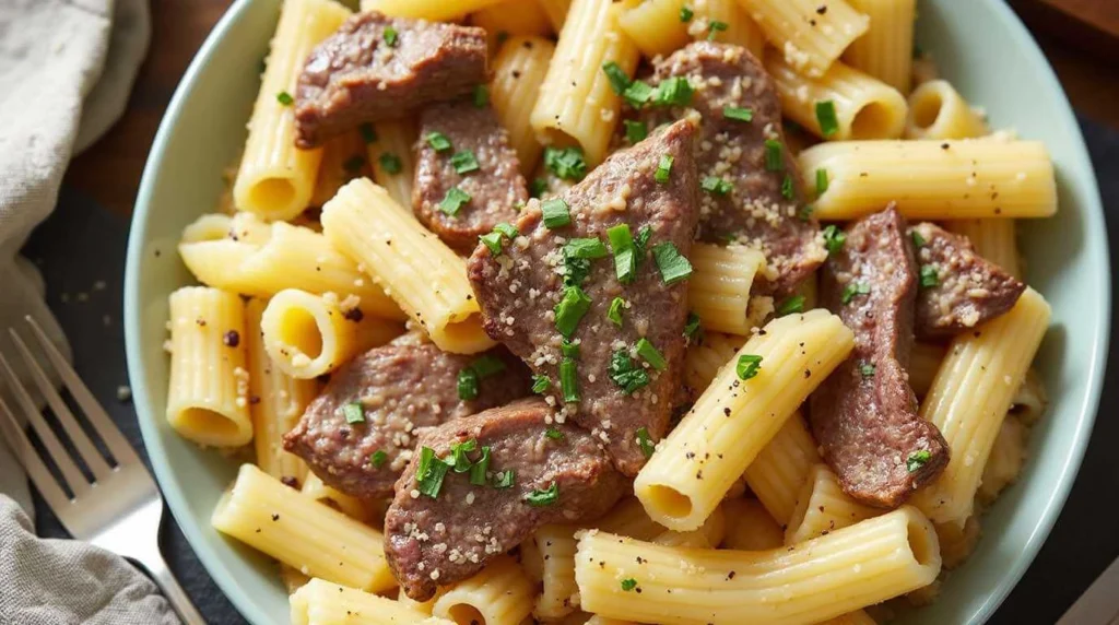 Plate of creamy garlic butter steak rigatoni garnished with parsley, showcasing tender steak slices and rich pasta sauce.