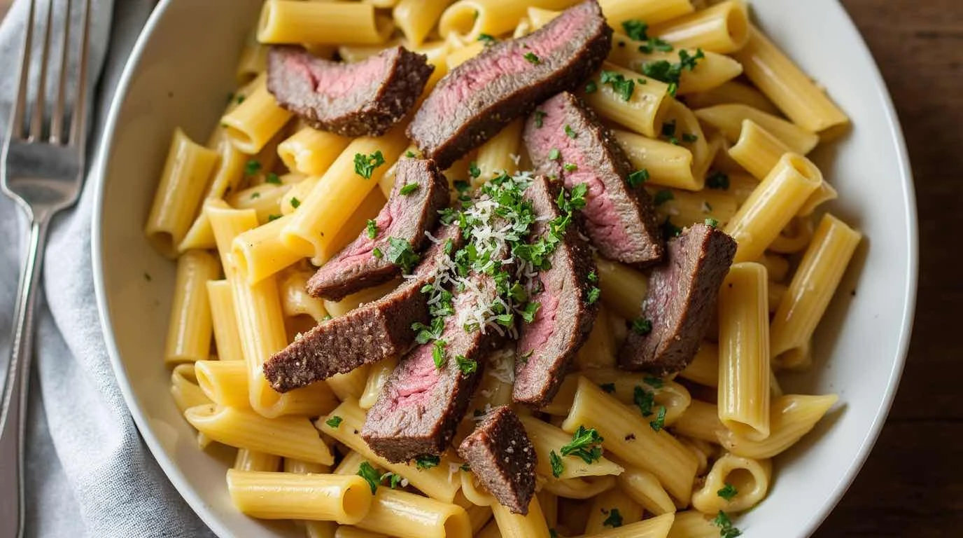 Plate of creamy garlic butter steak rigatoni garnished with parsley, showcasing tender steak slices and rich pasta sauce.