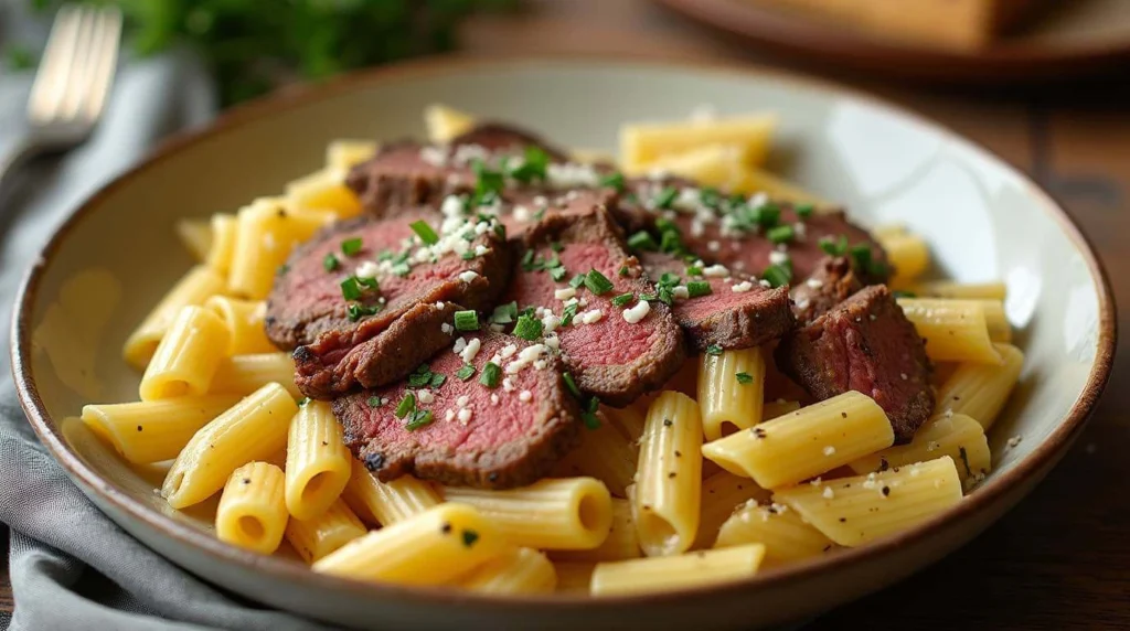 Plate of creamy garlic butter steak rigatoni garnished with parsley, showcasing tender steak slices and rich pasta sauce.