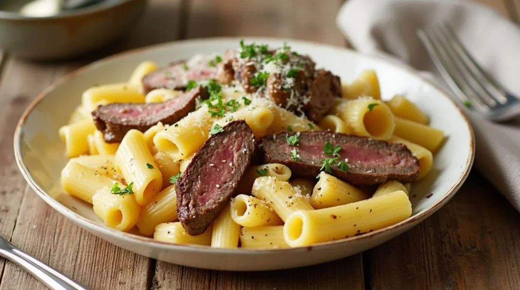 Plate of creamy garlic butter steak rigatoni garnished with parsley, showcasing tender steak slices and rich pasta sauce.