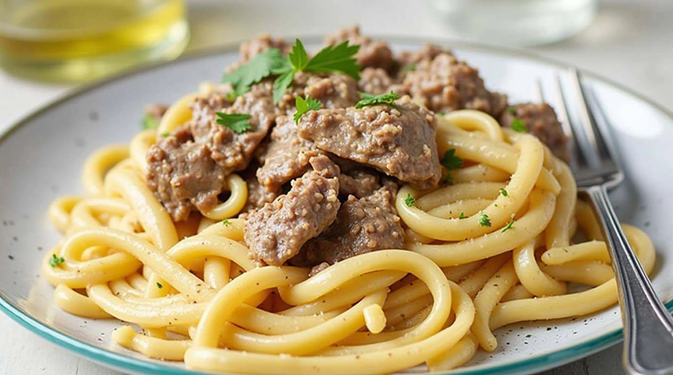 Delicious creamy steak pasta with rich sauce and tender beef, perfect for a savory dinner.