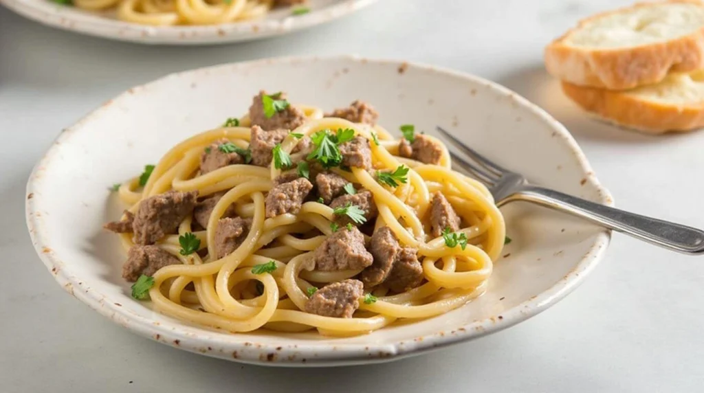 Delicious creamy steak pasta with rich sauce and tender beef, perfect for a savory dinner.