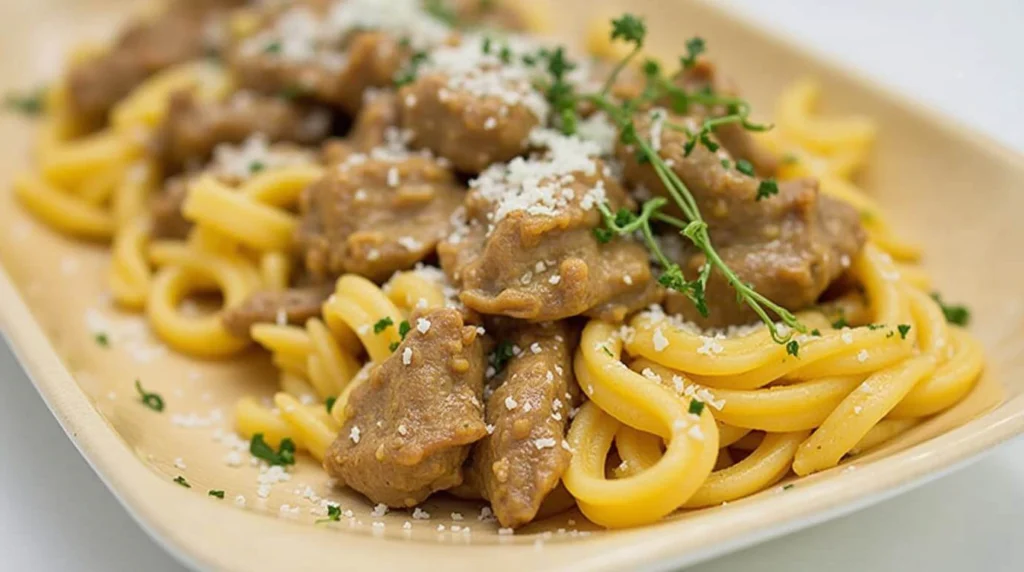 Delicious creamy steak pasta with rich sauce and tender beef, perfect for a savory dinner.