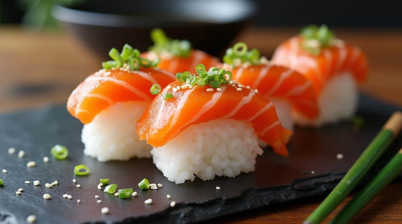 Fresh sushi topped with salmon, garnished with sesame seeds and wasabi, served on a wooden platter.