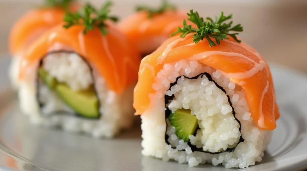 Fresh sushi topped with salmon, garnished with sesame seeds and wasabi, served on a wooden platter.