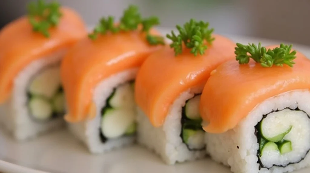 Fresh sushi topped with salmon, garnished with sesame seeds and wasabi, served on a wooden platter.