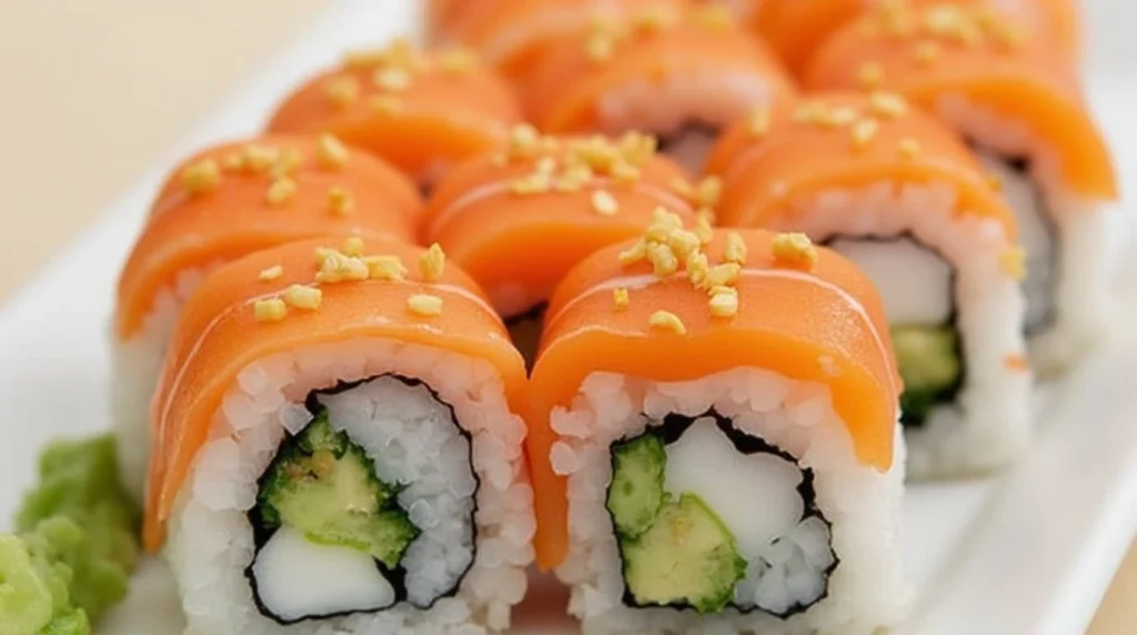 Fresh sushi topped with salmon, garnished with sesame seeds and wasabi, served on a wooden platter.