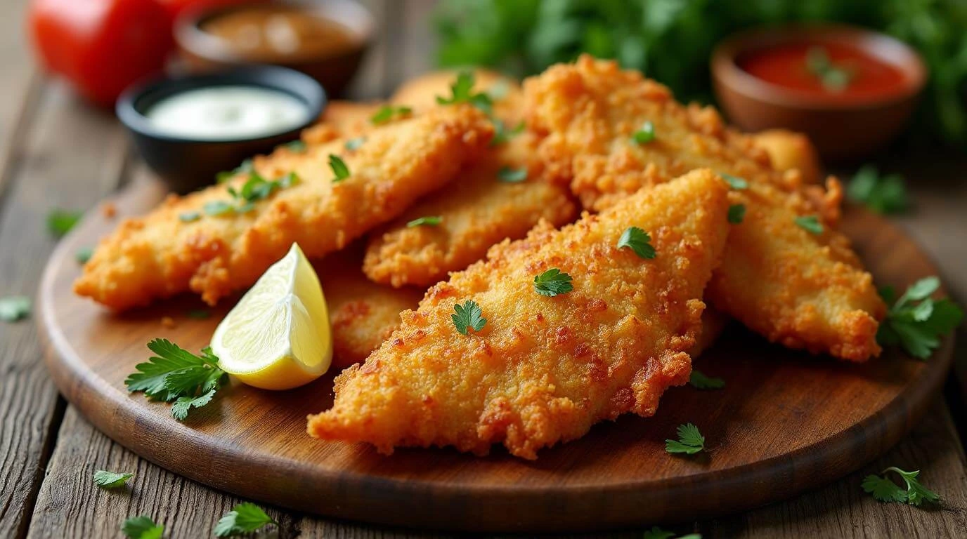 Crispy fried fish served with lemon wedges and dipping sauce