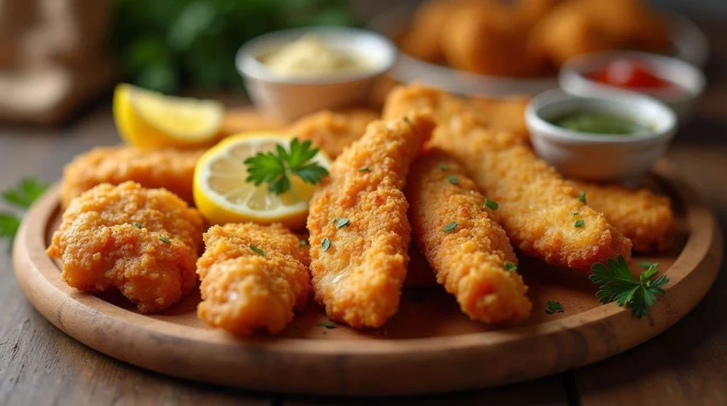 Crispy fried fish served with lemon wedges and dipping sauce.