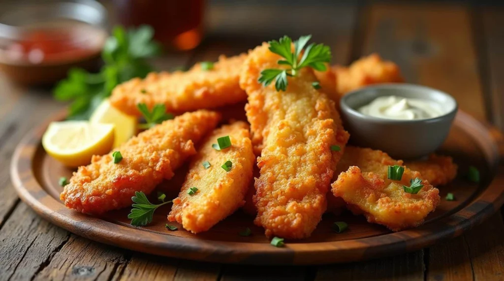 Crispy fried fish served with lemon wedges and dipping sauce.