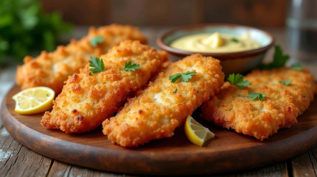 Crispy fried fish served with lemon wedges and dipping sauce.