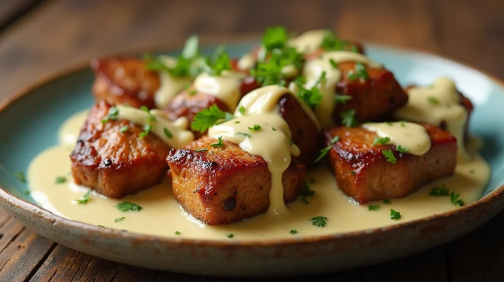 Tender steak bites coated in a rich, flavorful garlic butter steak bites sauce, garnished with fresh herbs.