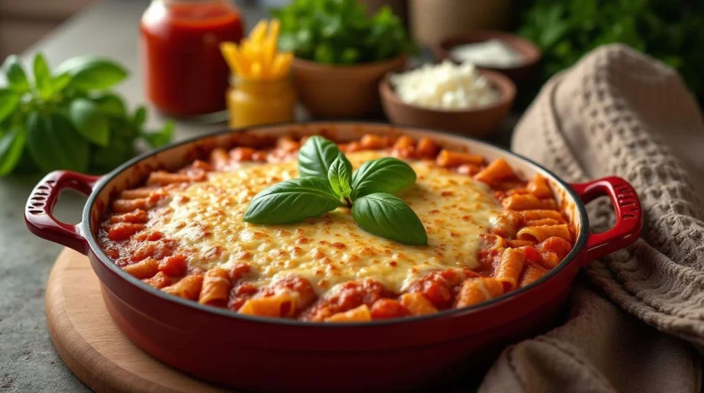 HOW TO MAKE Baked ziti in a casserole dish topped with melted cheese and garnished with fresh parsley.