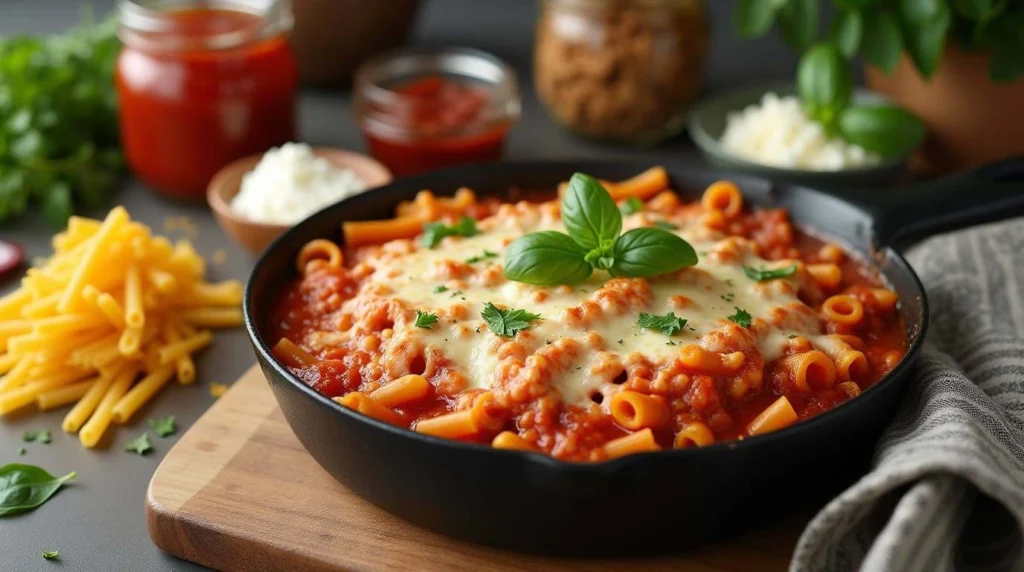 how to make Baked ziti in a casserole dish topped with melted cheese and garnished with fresh parsley
