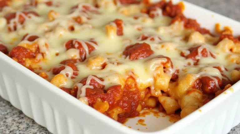 How to Make Baked Ziti in a casserole dish topped with melted cheese and garnished with fresh parsley.