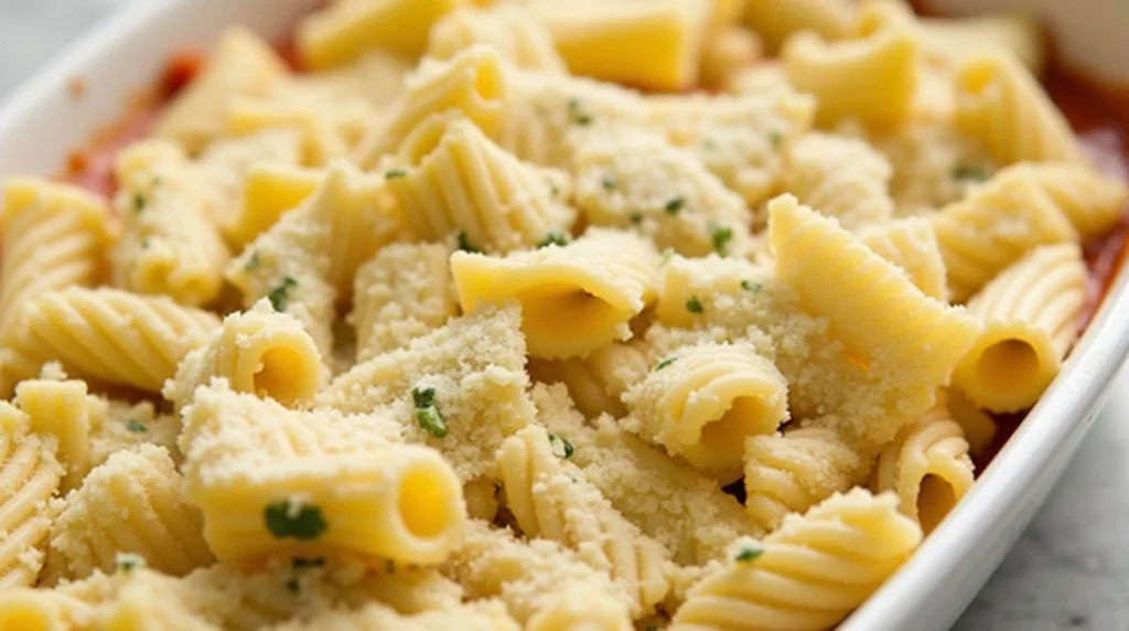 how to make Baked ziti in a casserole dish topped with melted cheese and garnished with fresh parsley
