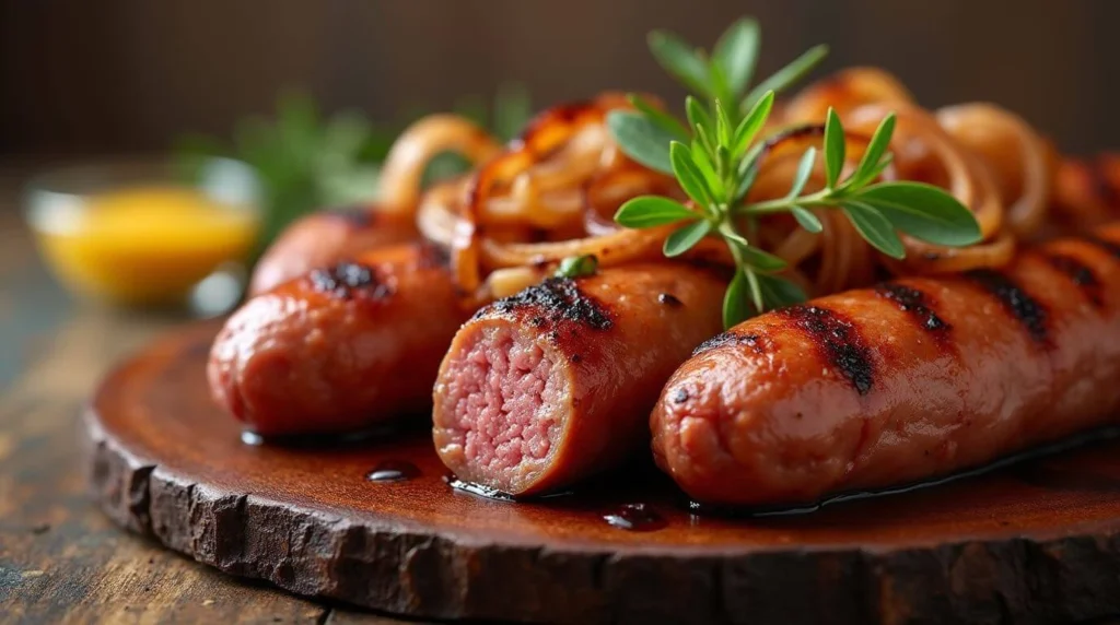 Mouthwatering Beef Sausage group of sausages and noodles on a wooden surface