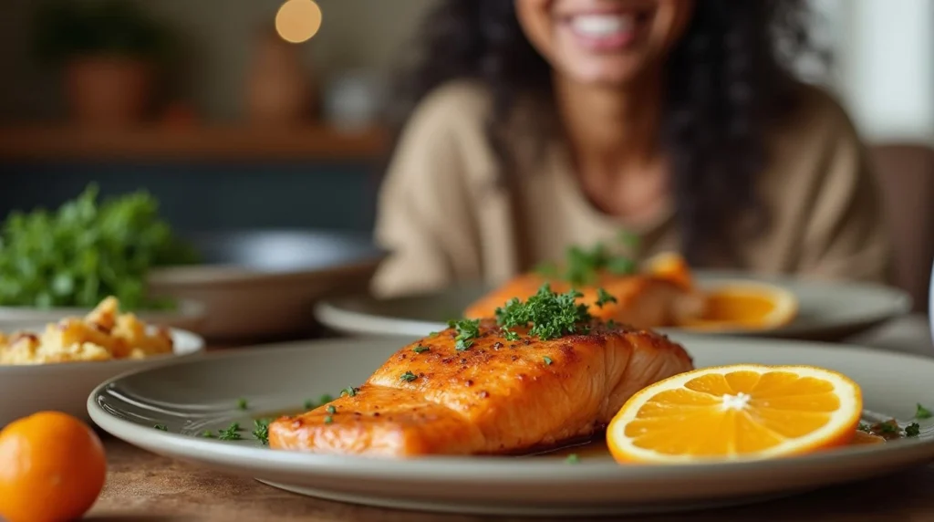 Pan fried orange salmon recipe with a perfectly seared fillet, garnished with orange slices and fresh herbs.