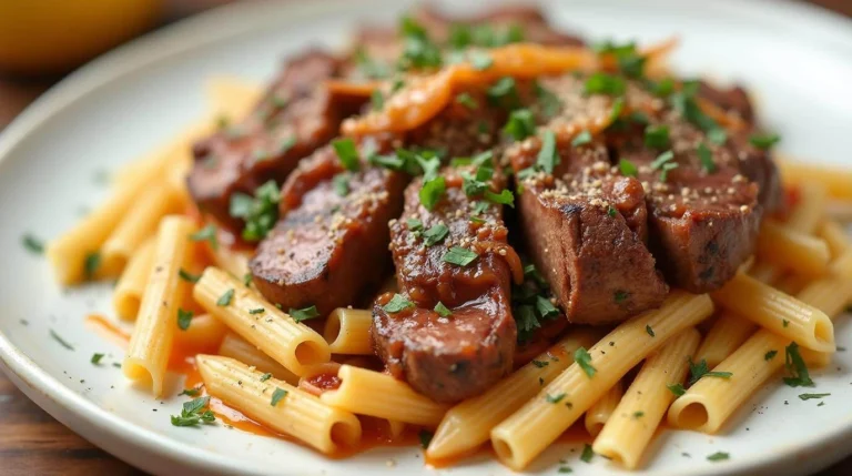 "Delicious pasta with Steak topped with slices of juicy steak and garnished with fresh herbs."