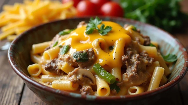 Delicious Philly Cheese Steak Pasta with creamy cheese sauce, tender beef strips, and sautéed peppers