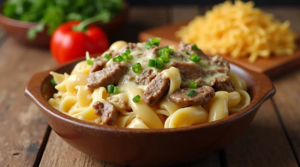 Delicious Philly Cheese Steak Pasta with creamy cheese sauce, tender beef strips, and sautéed peppers.