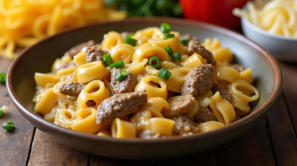 Delicious Philly Cheese Steak Pasta with creamy cheese sauce, tender beef strips, and sautéed peppers.